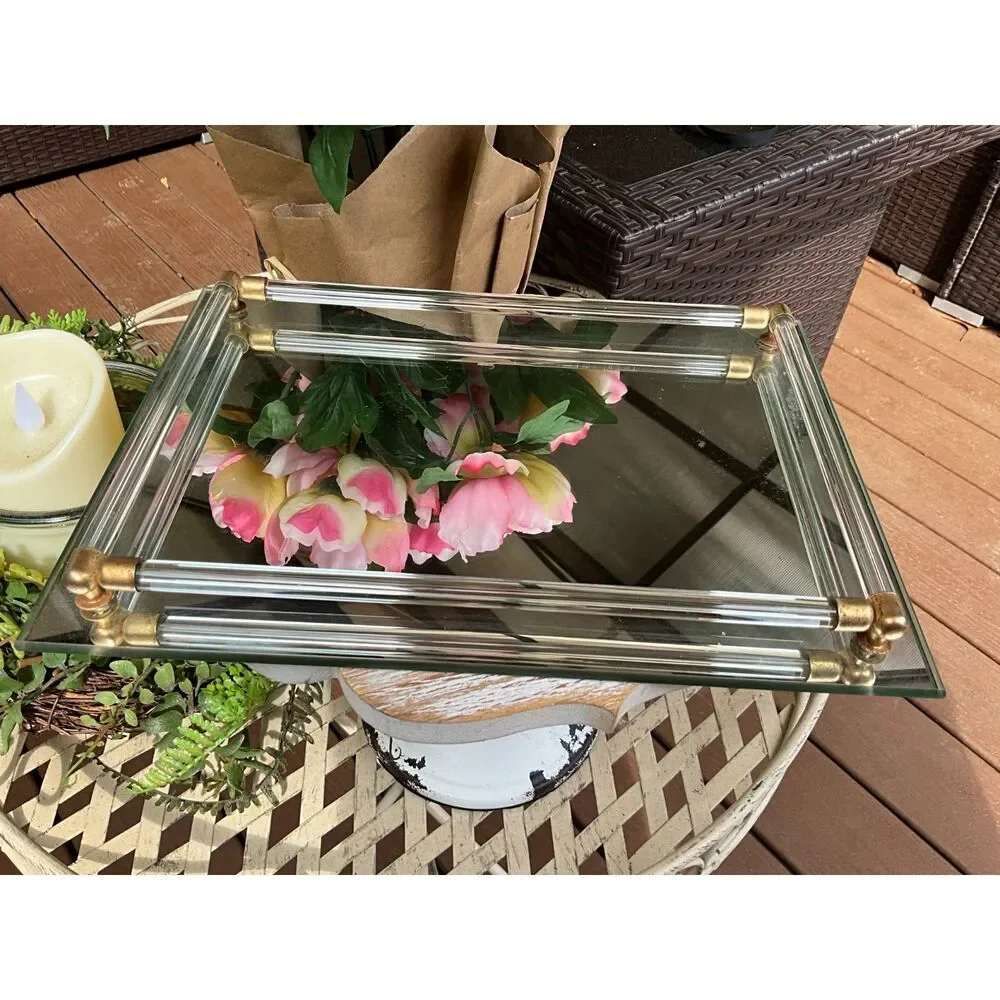 Vintage vanity mirror tray with clear glass tubes Hollywood Regency MCM